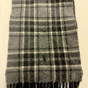 🔥POLO RALPH LAUREN REVERSIBLE GREY PLAID WOOL BLEND SCARF- NICE !
